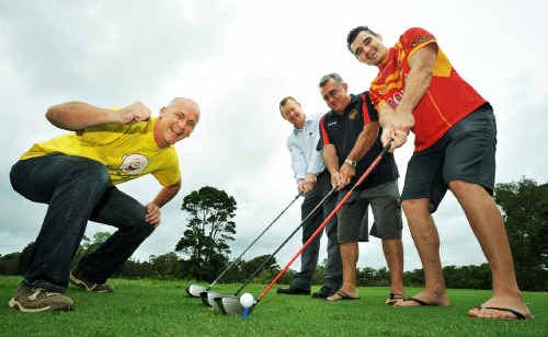 Camp Quality’s Mike Symonds studies the golf swings of Coffs Harbour’s Rob Loader, Rob Holt and Josh Fox. Camp Quality’s Mike Symonds studies the golf swings of Coffs Harbour’s Rob Loader, Rob Holt and Josh Fox.